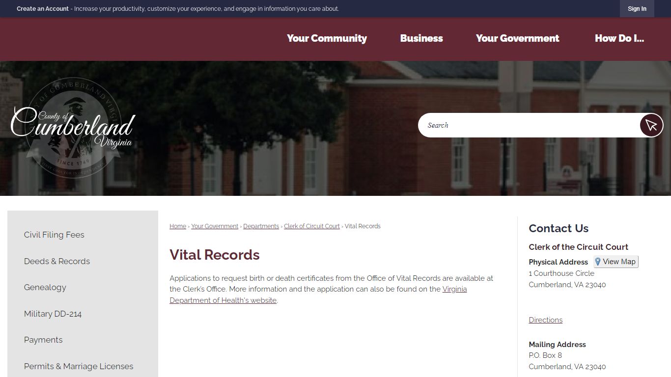 Vital Records | Cumberland County, VA - Virginia